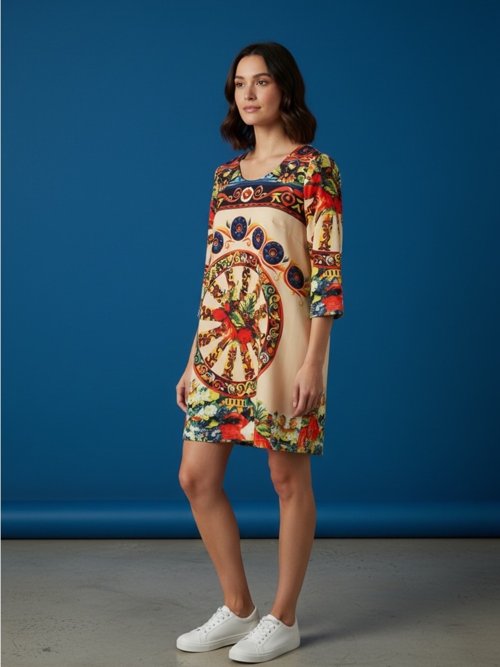MISS.V Women's XL Baroque Wheel Print Tunic Dress 3/4 Sleeve Vibrant Colorful